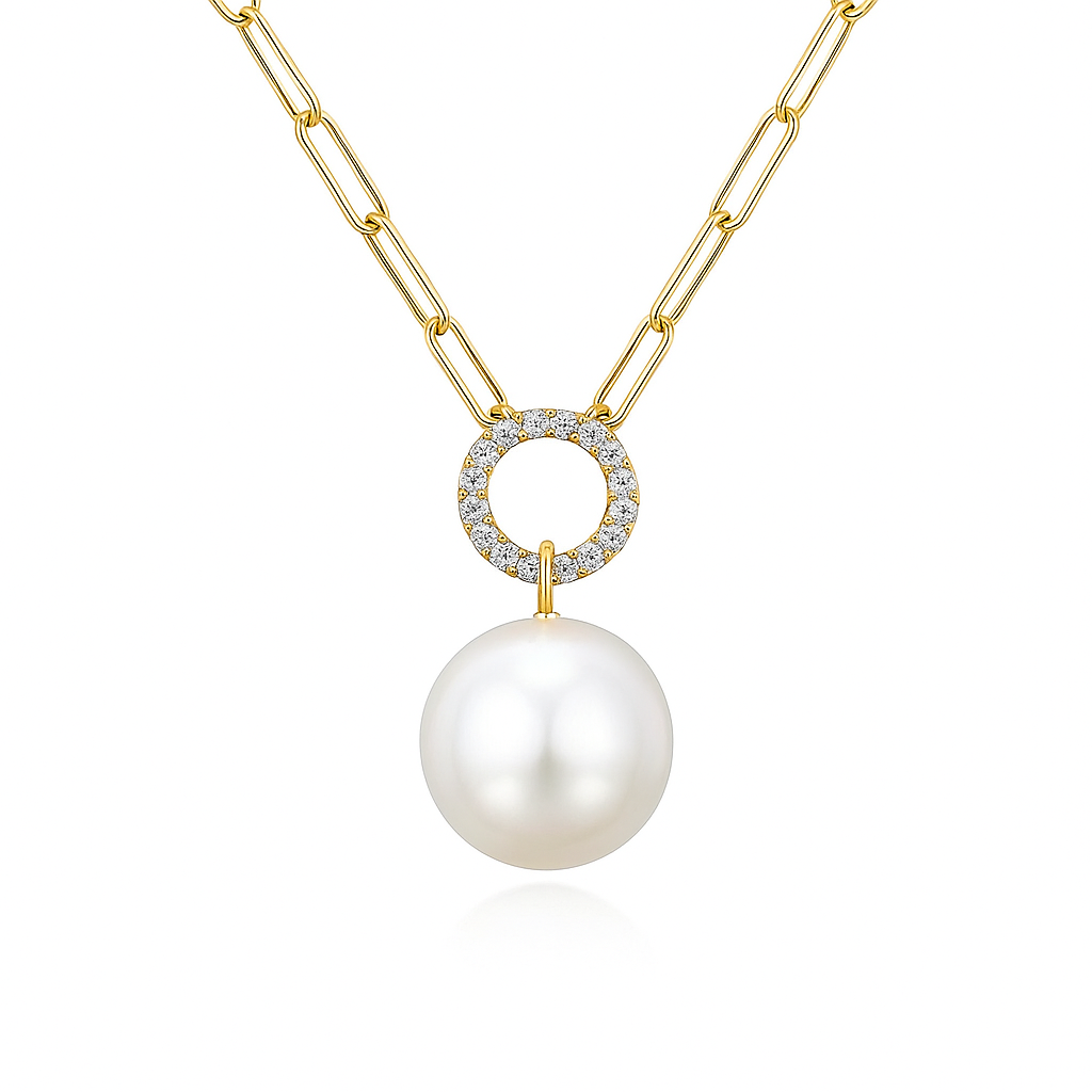 14K Yellow Gold Freshwater Pearl Pendant, 12-13mm, 0.11ct