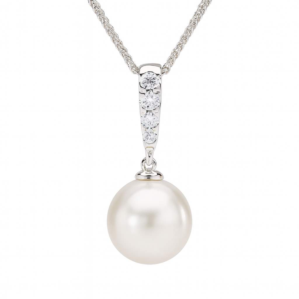 14K White Gold Freshwater Pearl Pendant, 10-11mm, 0.15ct