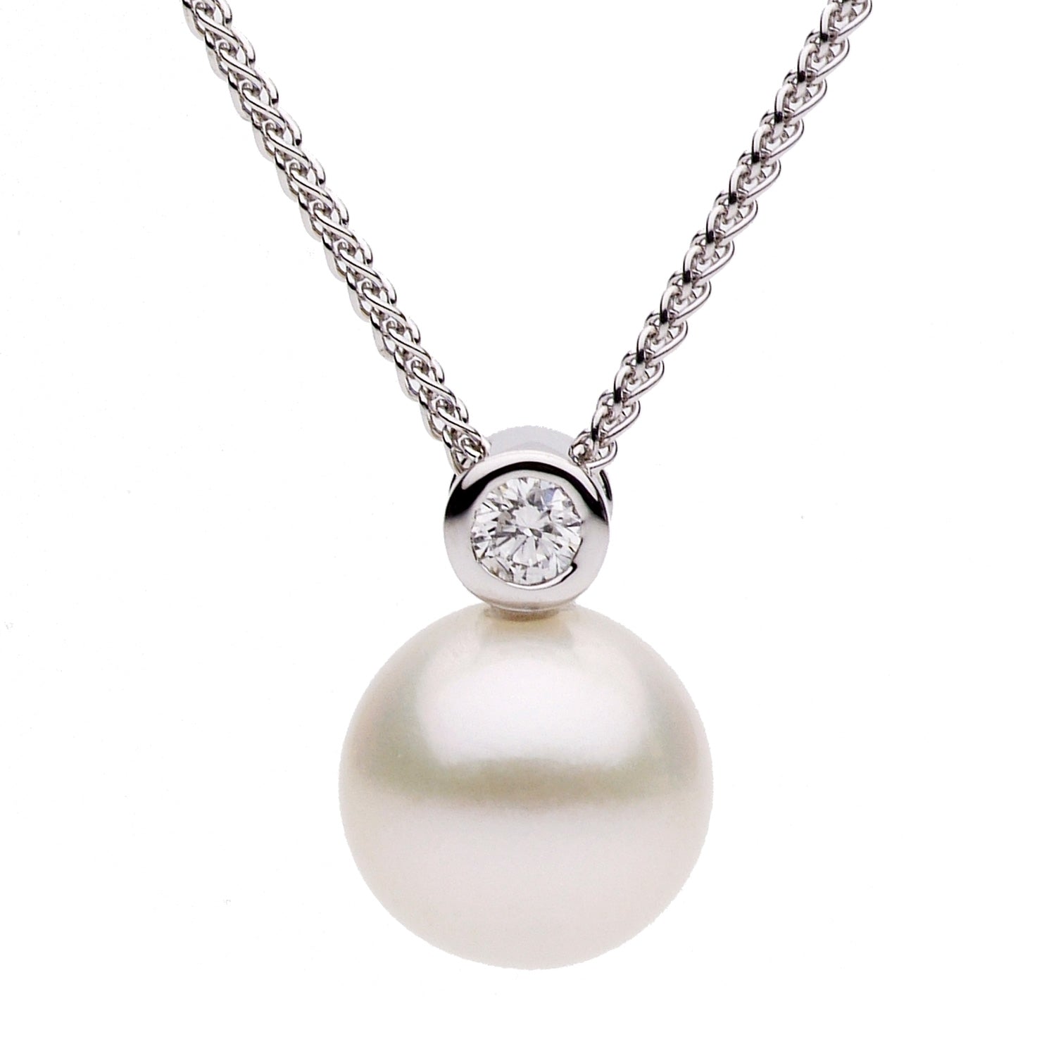 18K White Gold Freshwater Pearl and Bezel Set Diamond Pendant, 9-10mm 0.08CT