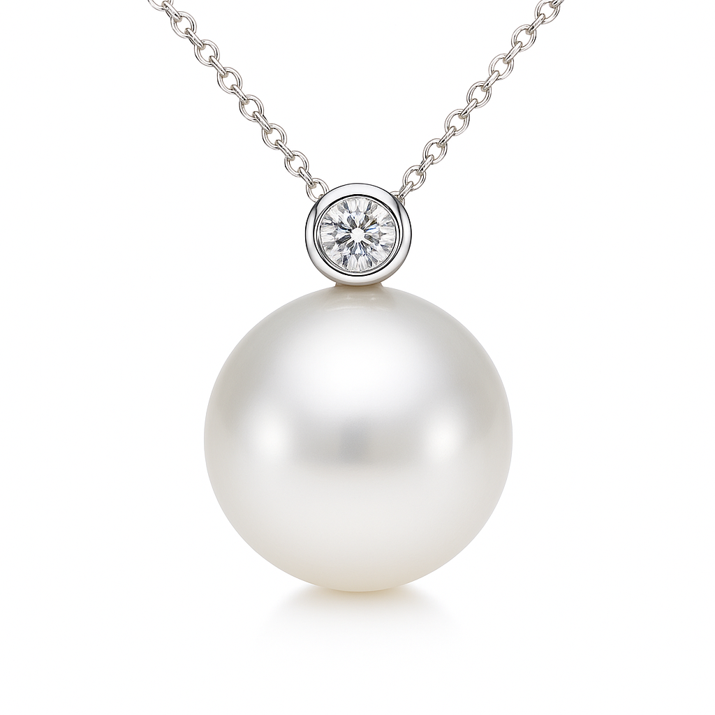 18K White Gold Freshwater Pearl and Bezel Set Diamond Pendant, 9-10mm 0.08CT