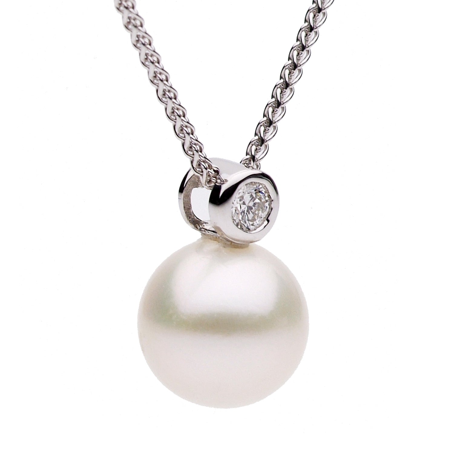 18K White Gold Freshwater Pearl and Bezel Set Diamond Pendant, 9-10mm 0.08CT