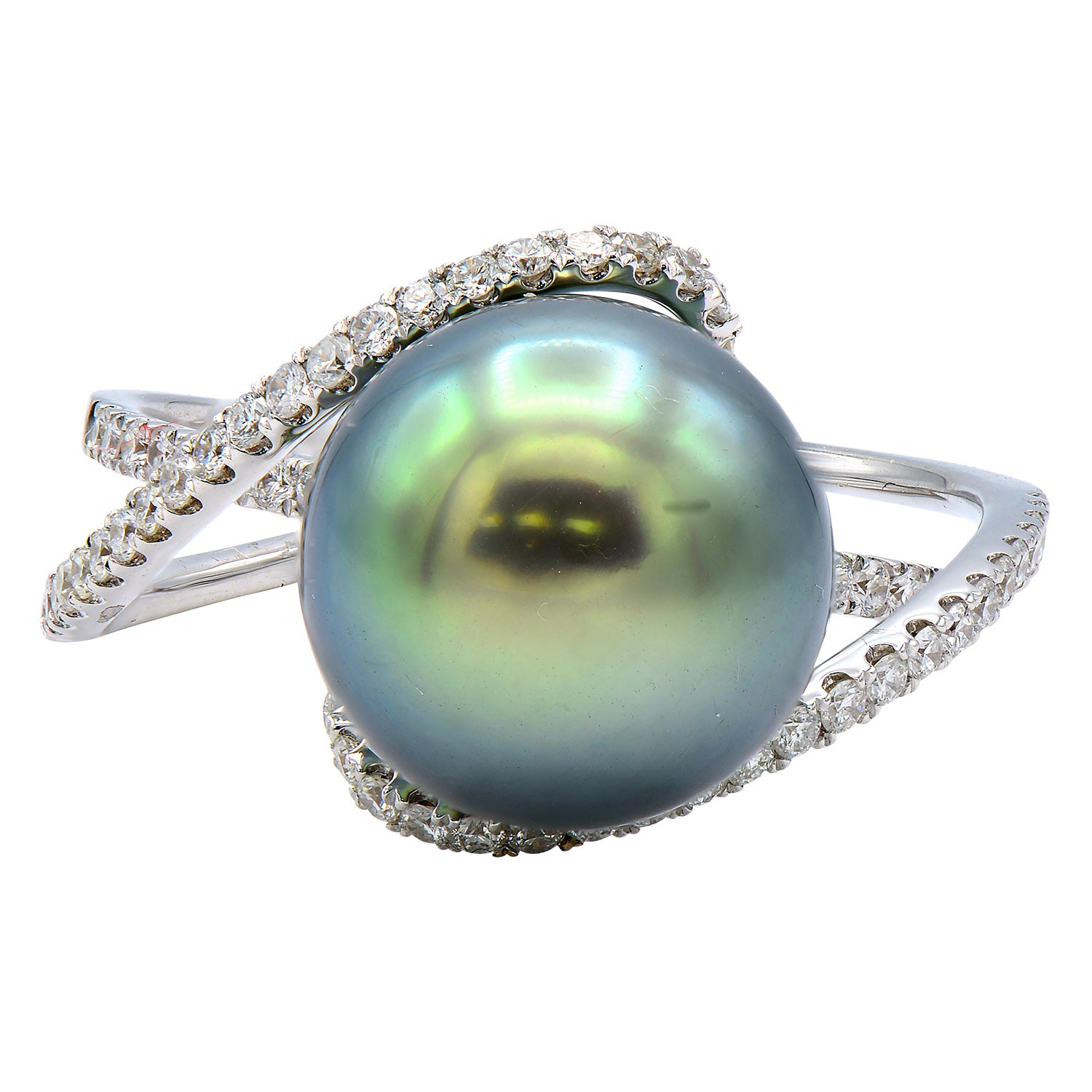 14K White Gold Tahitian Pearl and Diamond Ring, 10-11mm
