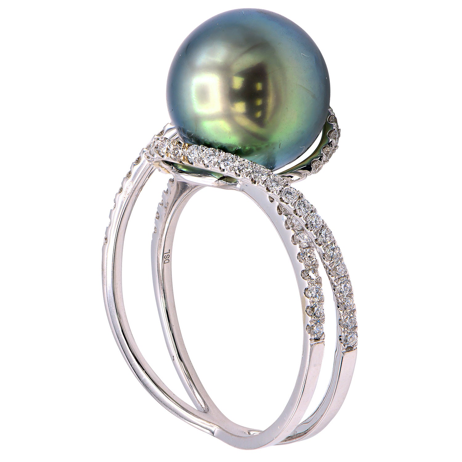 14K White Gold Tahitian Pearl and Diamond Ring, 10-11mm
