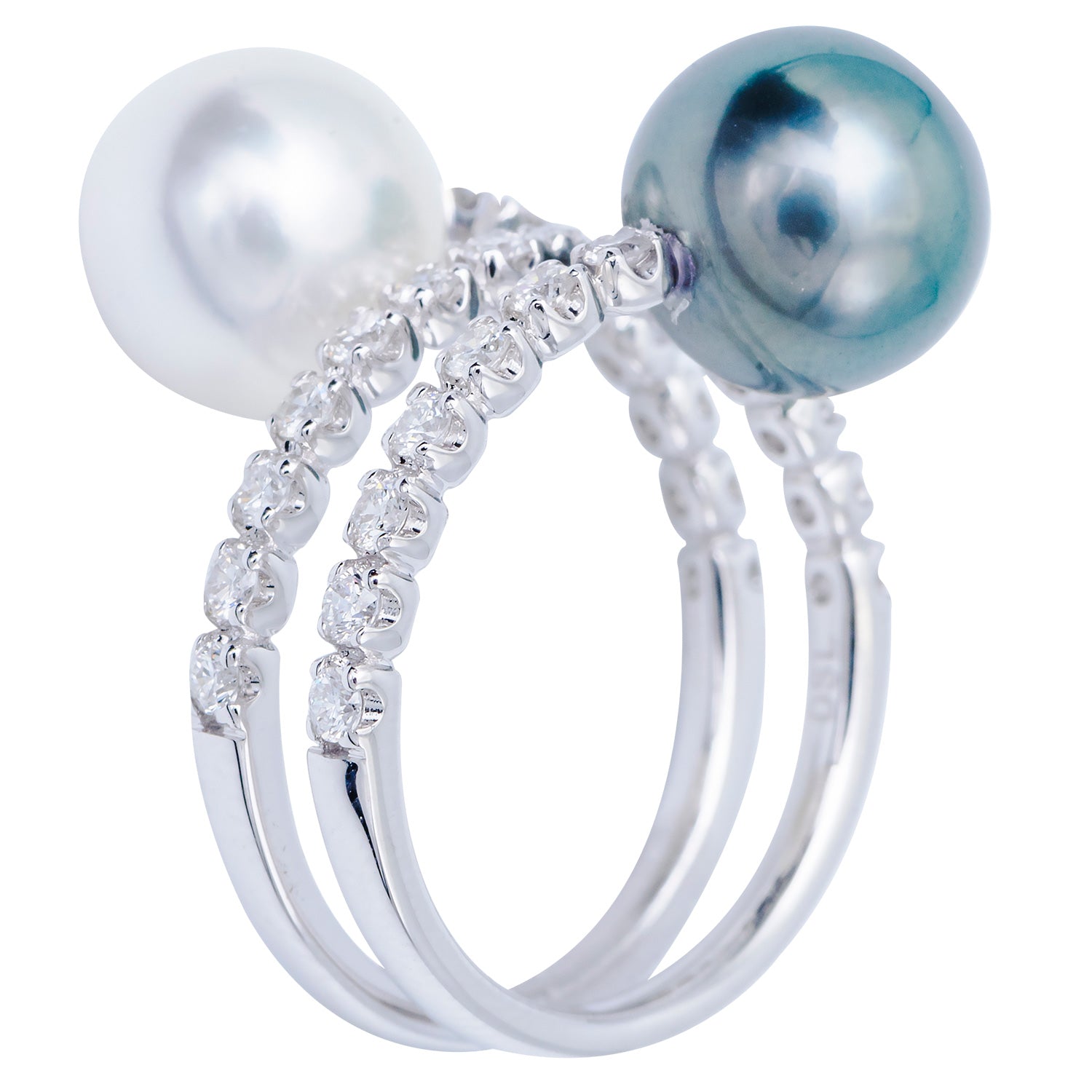 18K White Gold South Sea & Tahitian Pear Spiral Diamond Ring, 9-10mm