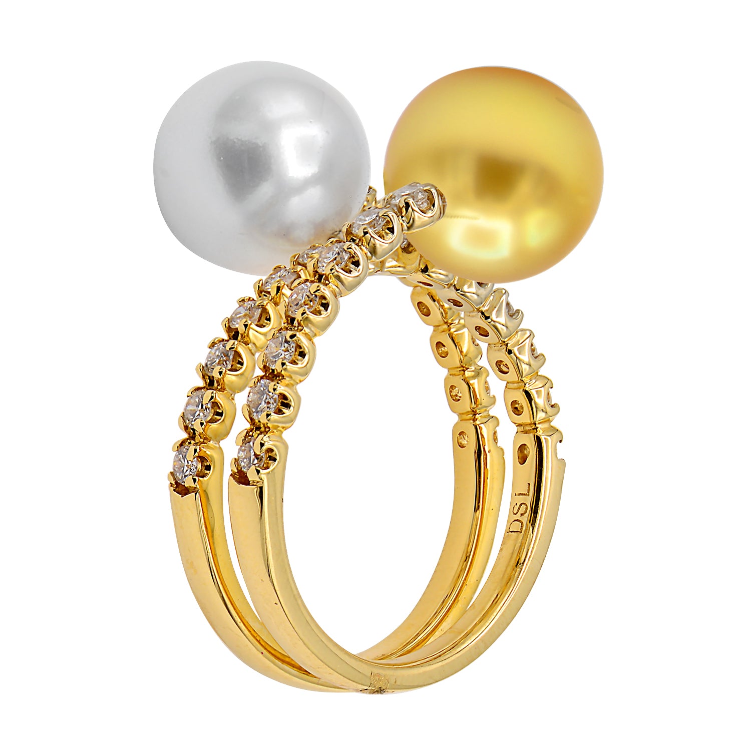 18K Yellow Gold White & Golden South Sea Pearl Spiral Diamond Ring, 9-10mm