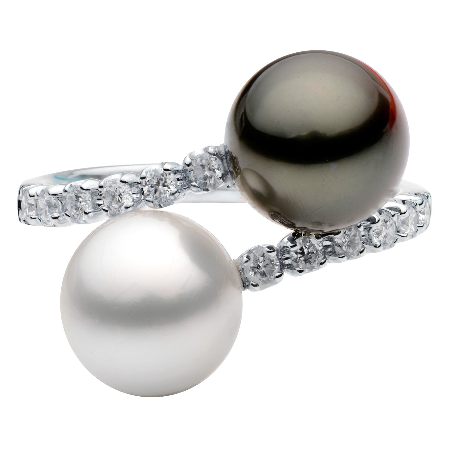 18K White Gold South Sea & Tahitian Pearl Sprial Diamond Ring, 9-10mm