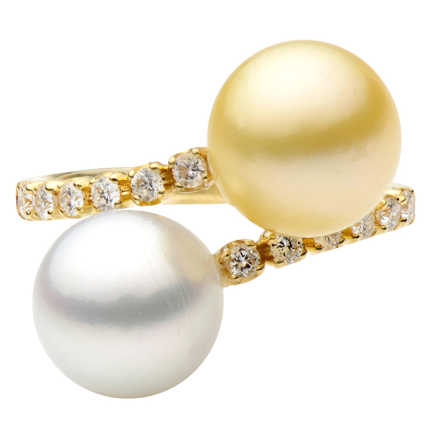 18K Yellow Gold White & Golden South Sea Pearl Spiral Diamond Ring, 14-15mm