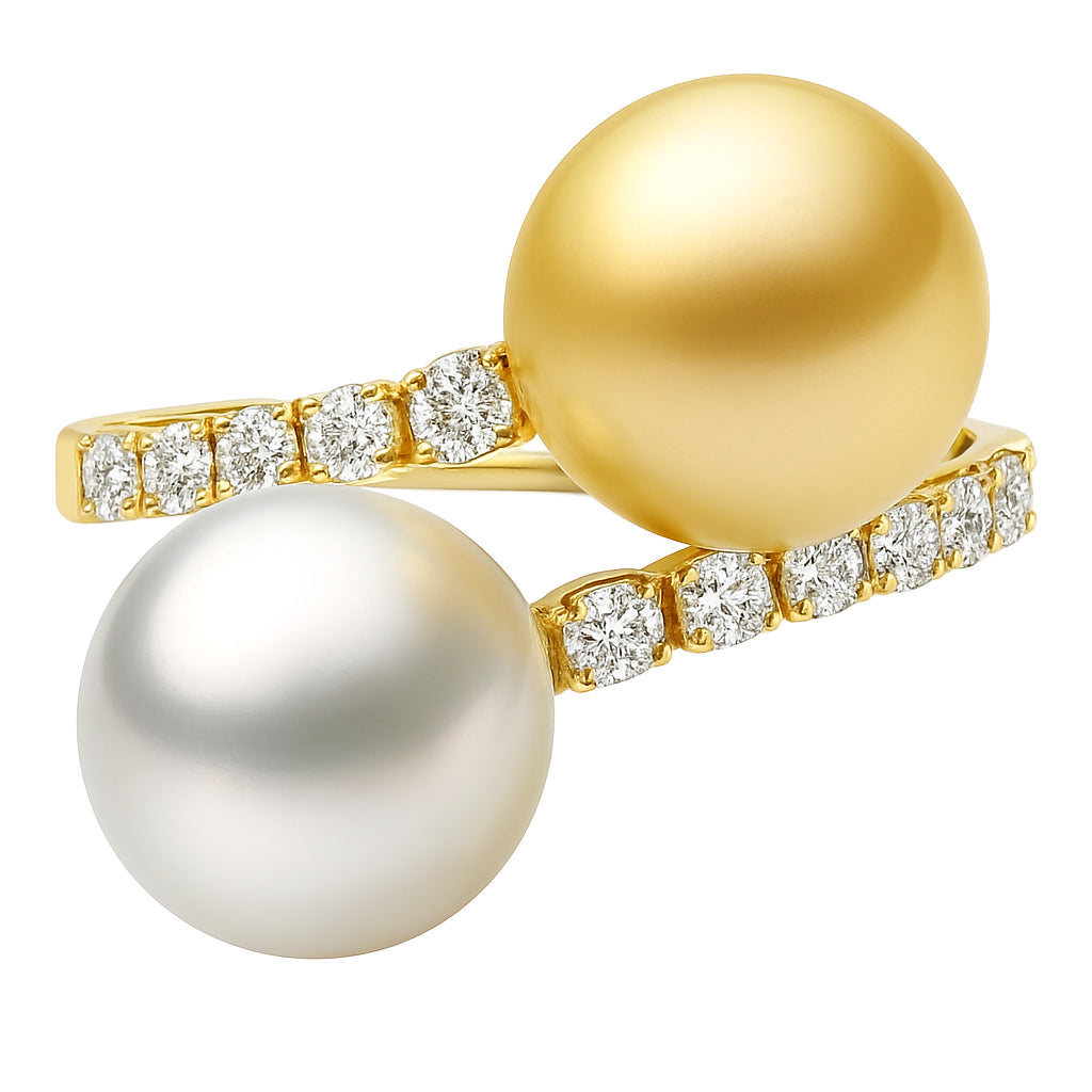 18K Yellow Gold White & Golden South Sea Pearl Spiral Diamond Ring, 14-15mm, 0.23ct