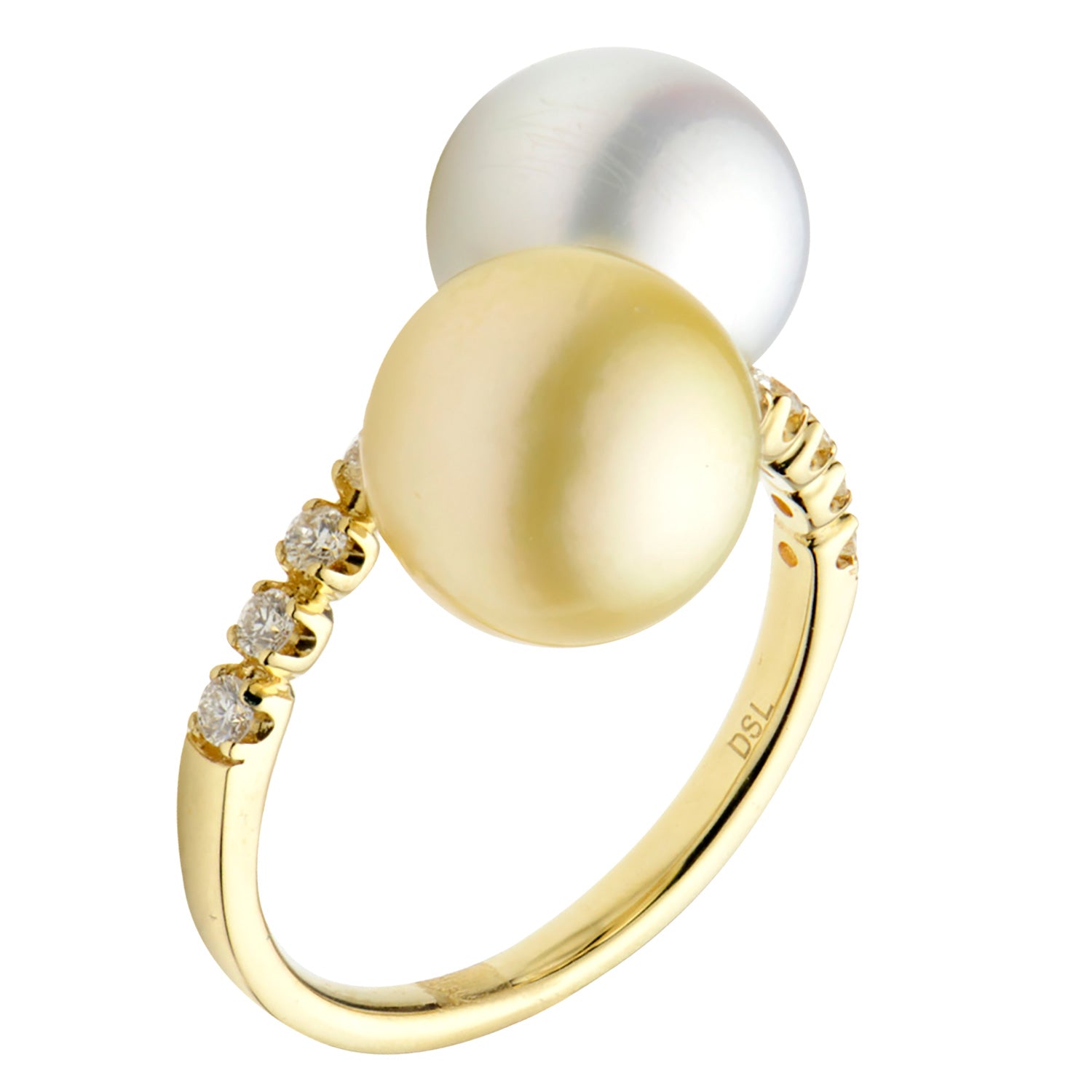 18K Yellow Gold White & Golden South Sea Pearl Spiral Diamond Ring, 14-15mm