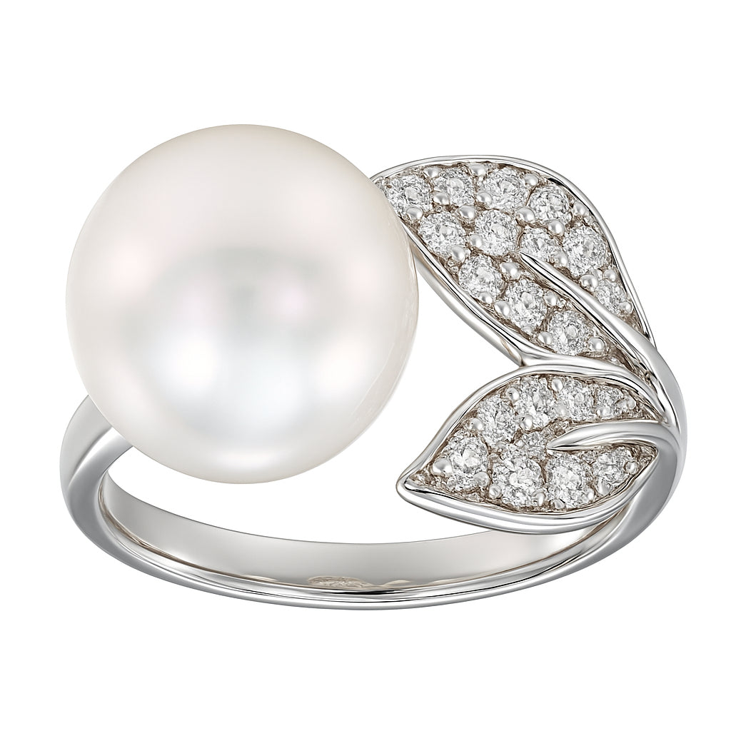 18K White Gold South Sea Pearl and Diamond Petal Ring, 0.27ct