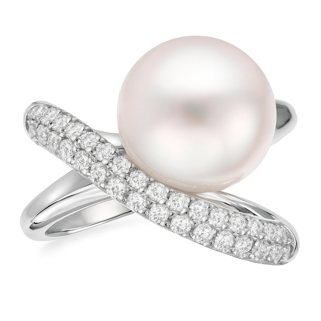 18K White Gold South Sea Pearl and Diamond Crossover Ring, 0.76ct