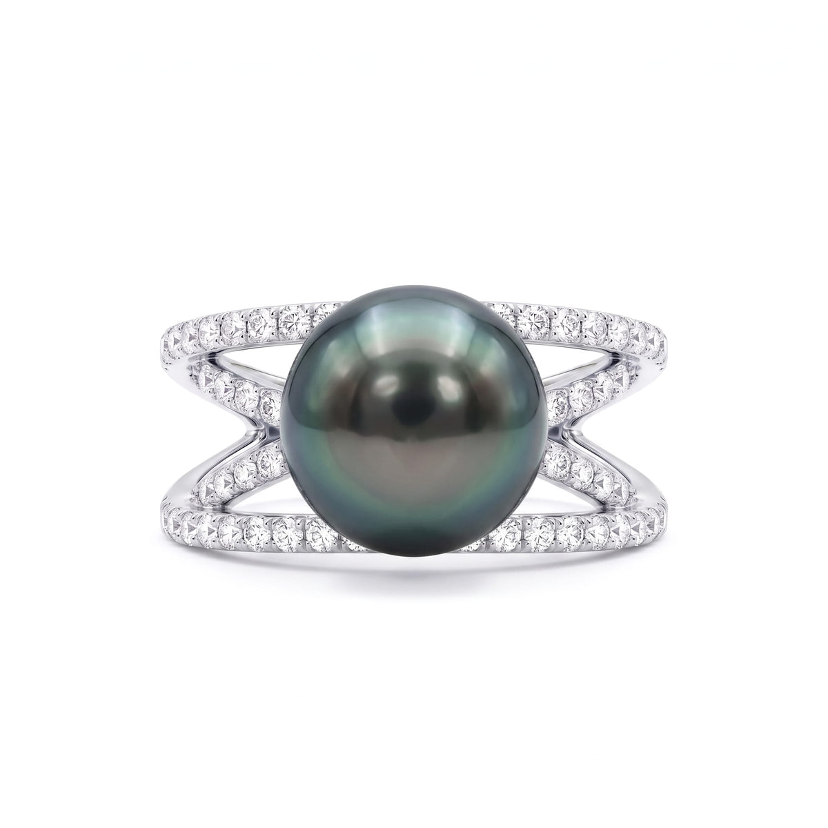 14K White Gold Tahitian Pearl Ring, 10-11mm, 0.58ct