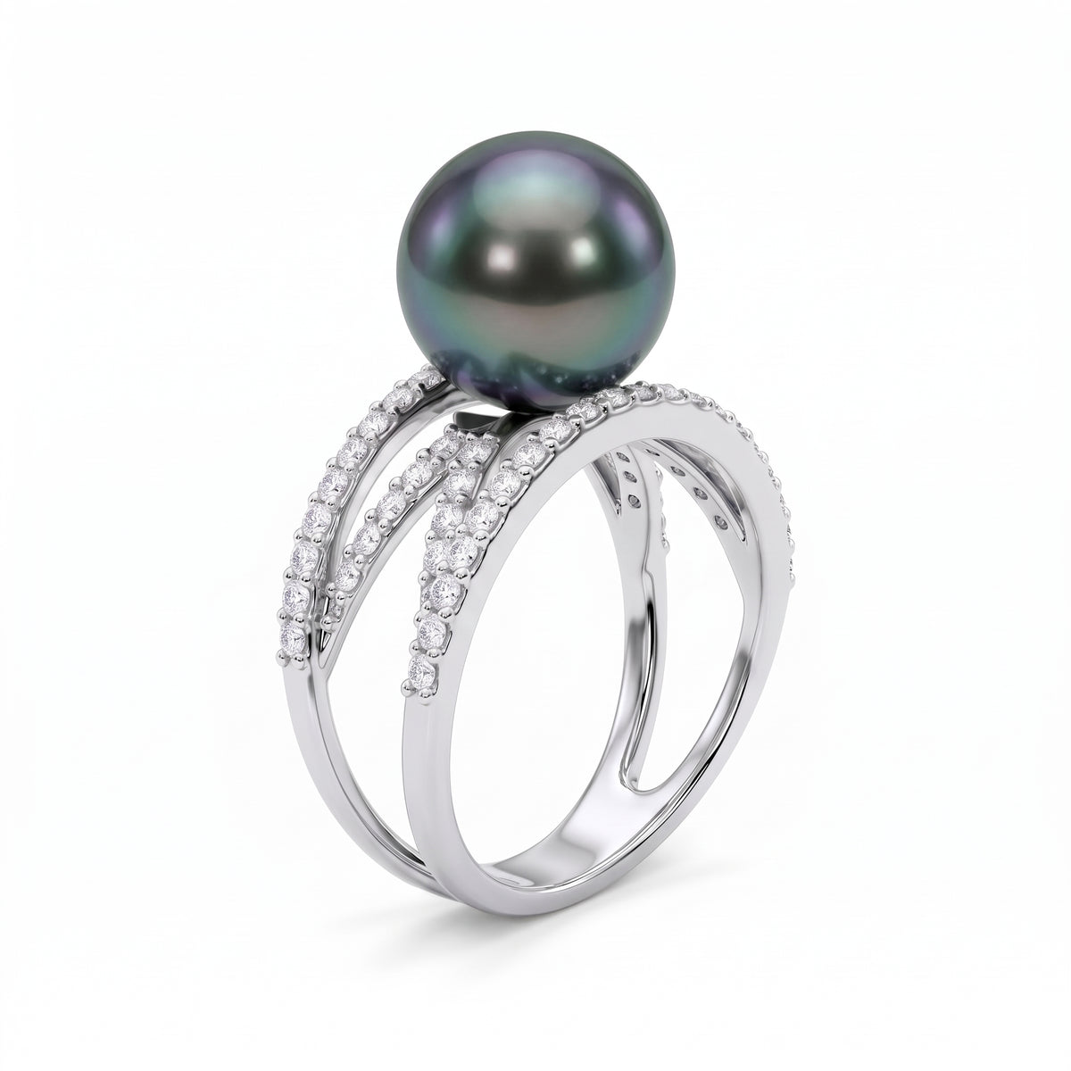 14K White Gold Tahitian Pearl Ring, 10-11mm, 0.58ct