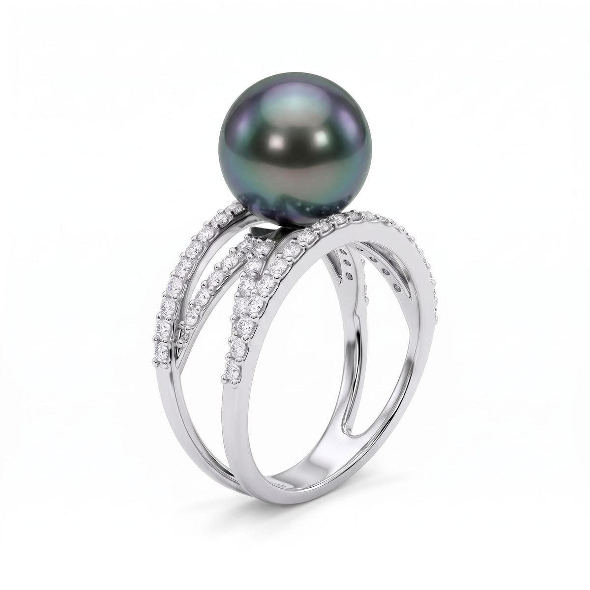 14K White Gold Tahitian Pearl Ring, 10-11mm, 0.58ct