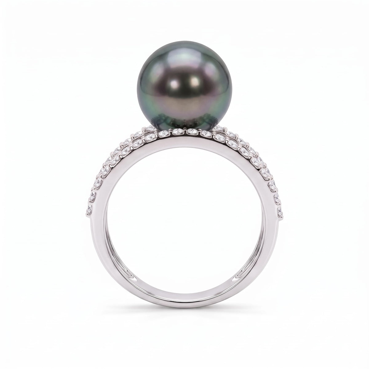 14K White Gold Tahitian Pearl Ring, 10-11mm, 0.58ct
