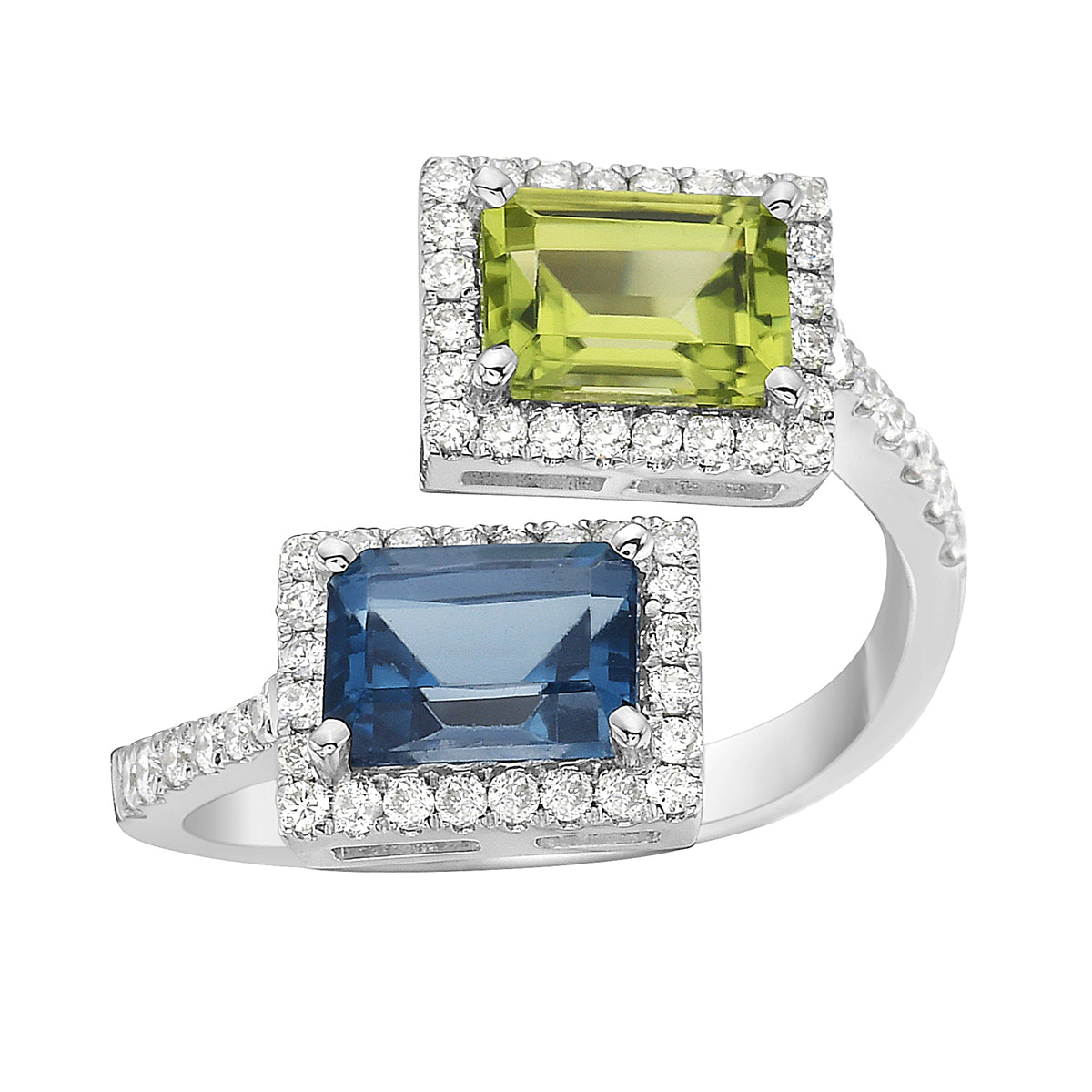 14K White Gold London Blue Topaz Peridot Ring, 2.45ct