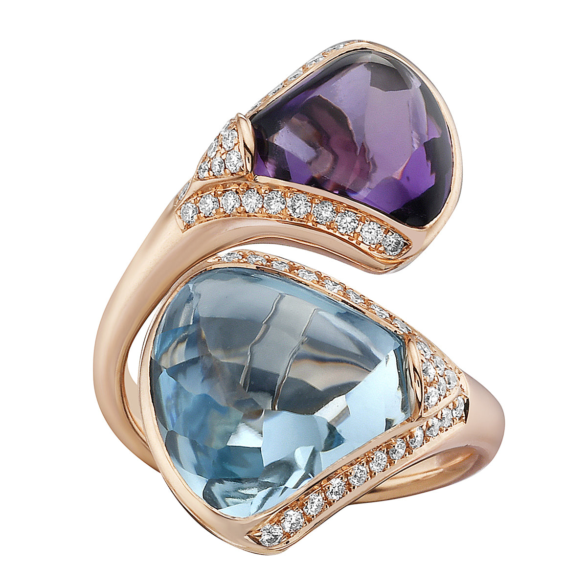 Amethyst and blue topaz ring with diamonds in gold.