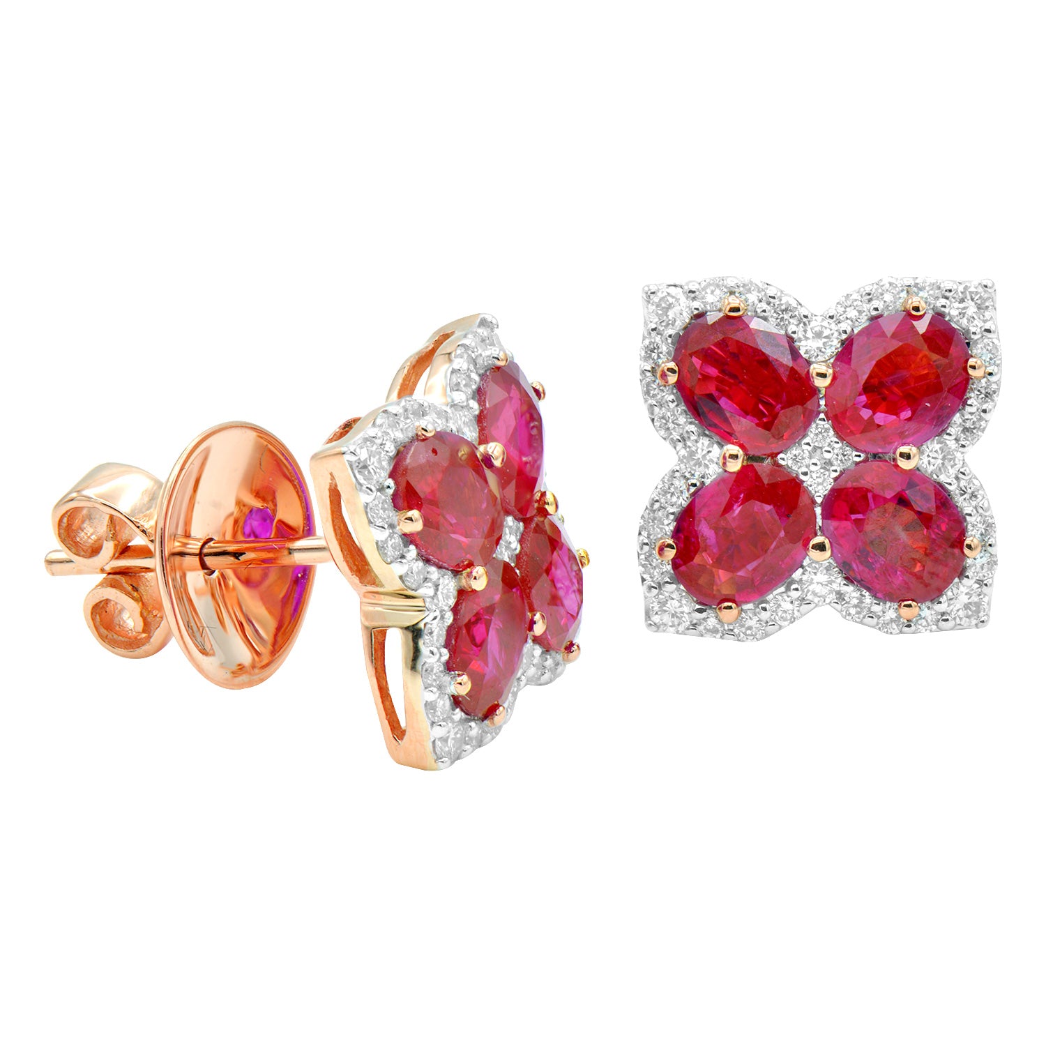 Rose Gold and Ruby Flower and Diamond Earring