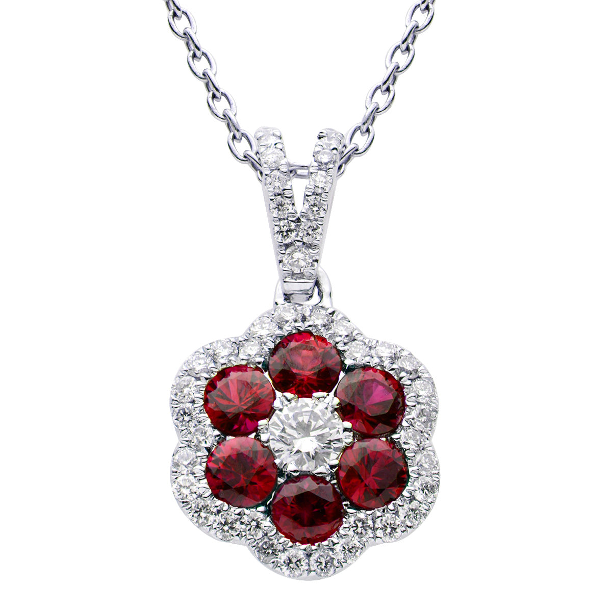 Ruby and Diamond Flower Cluster Pendant