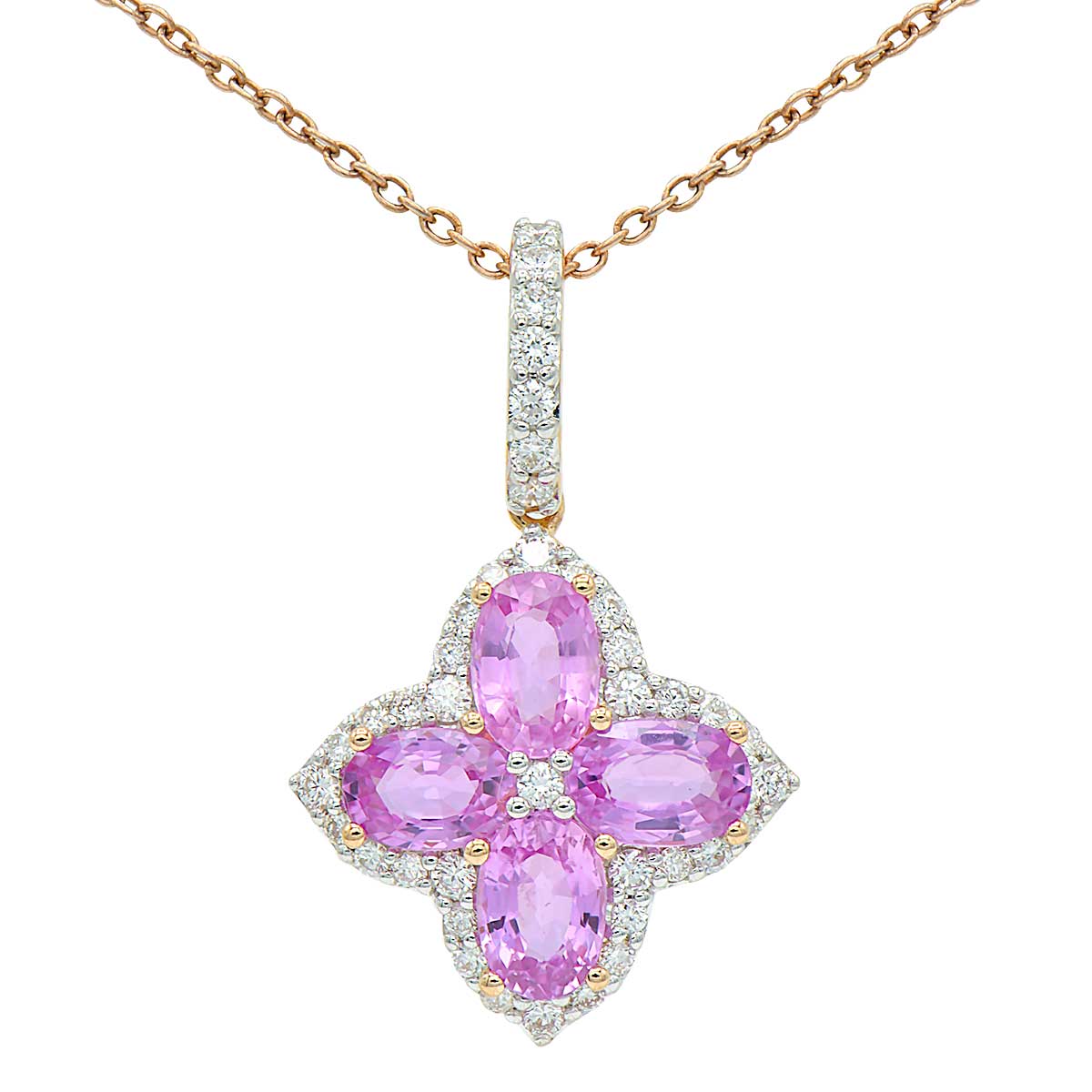 14K White Gold Diamond Clover and Pink Sapphire Pendant