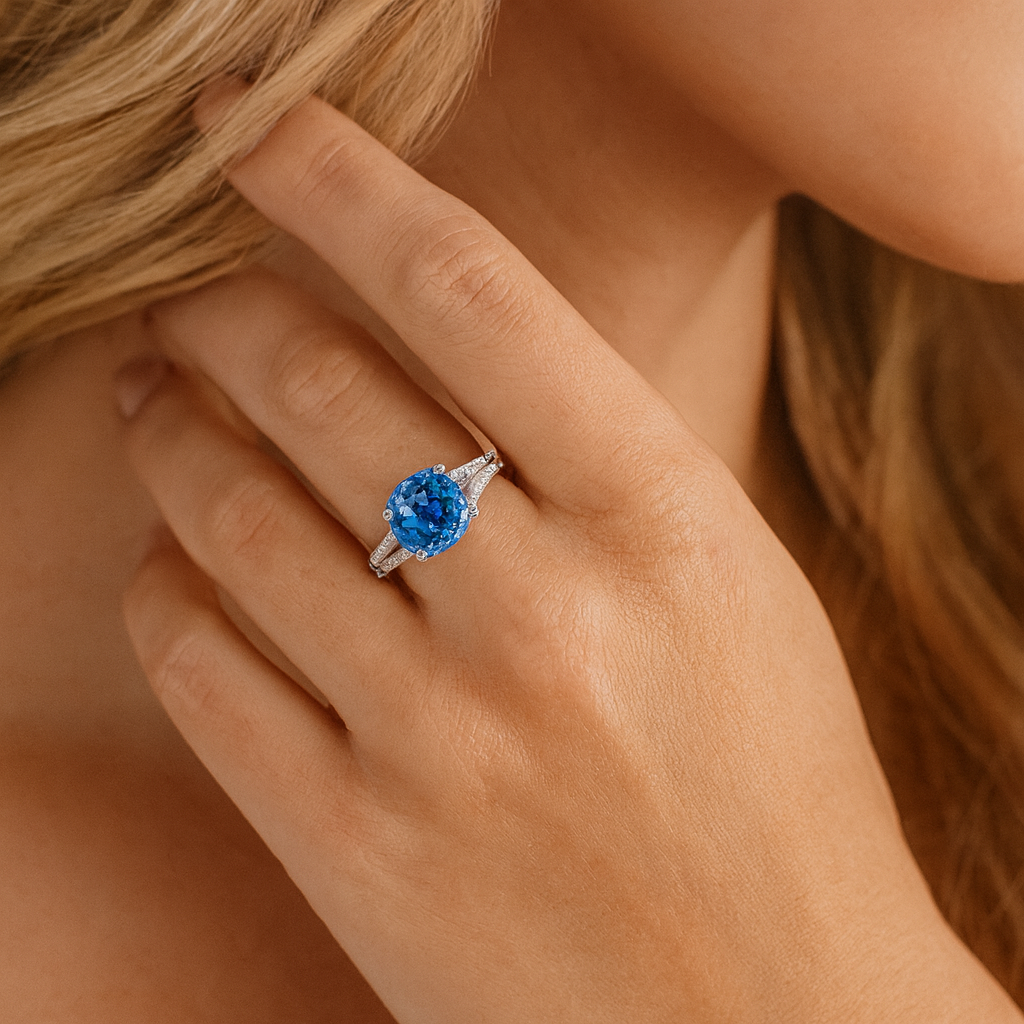 Handmade 18K White Gold Blue Sapphire Ring, 3.37ct