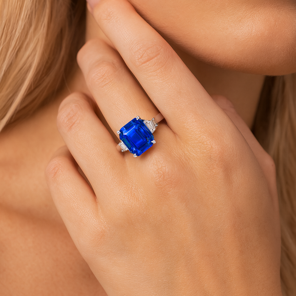 Handmade 18K White Gold Blue Sapphire and Trapezoid Ring, 5.97ct