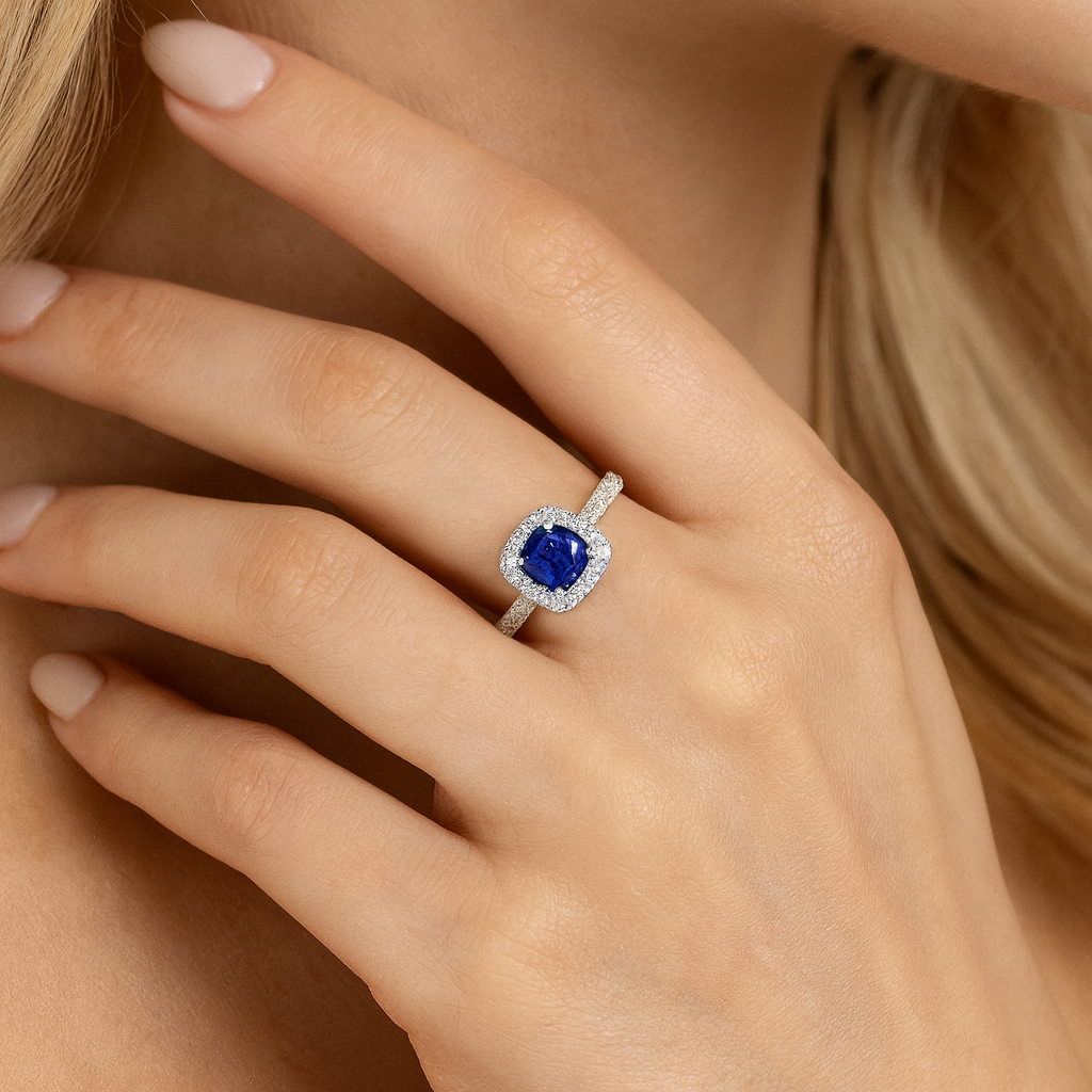 Handmade 18K White Gold Blue Sapphire Diamond Ring, 1ct