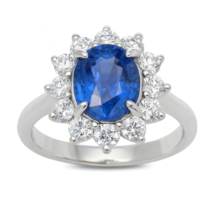 Handmade 18K White Gold Sapphire Diamond Ring, 2.05ct