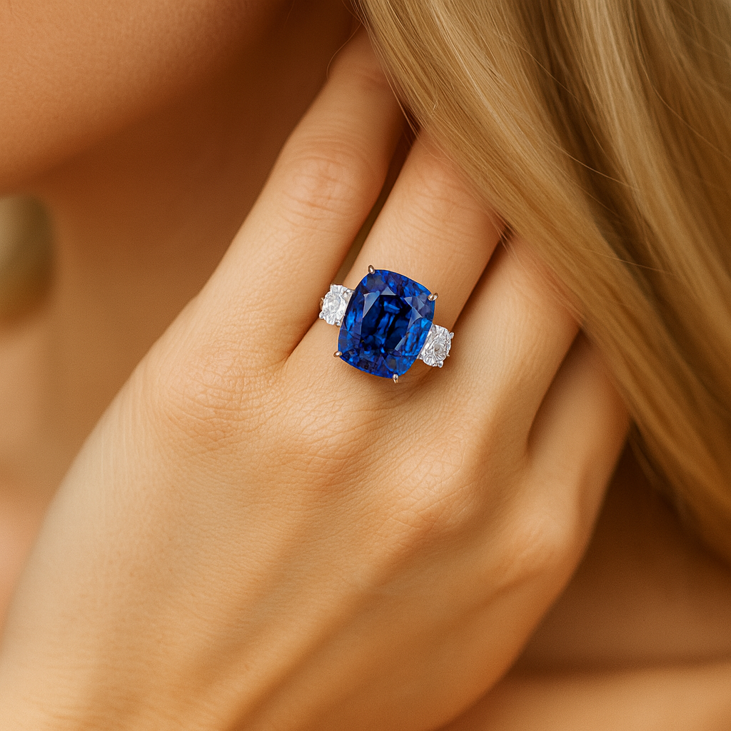 Handmade 18K White Gold Blue Sapphire 3 Stone Ring, 4ct