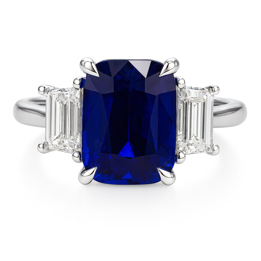 Handmade 18K White Gold Blue Sapphire 3 Stone Ring, 3.54ct