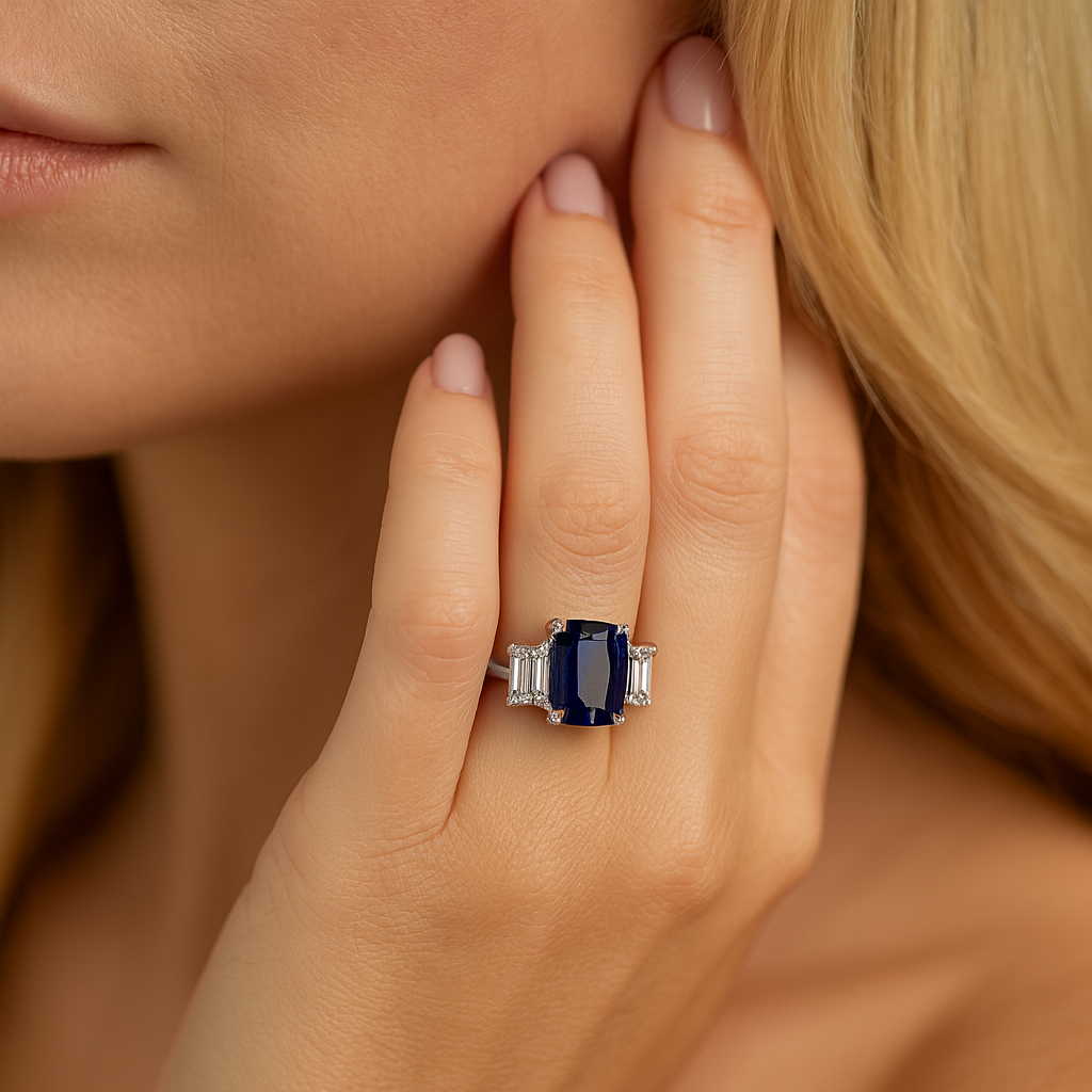 Handmade 18K White Gold Blue Sapphire 3 Stone Ring, 3.54ct